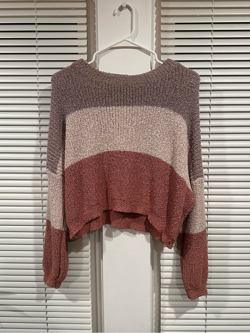 debut Cropped Striped Crewneck Sweater in Mauve, Blush & Taupe
